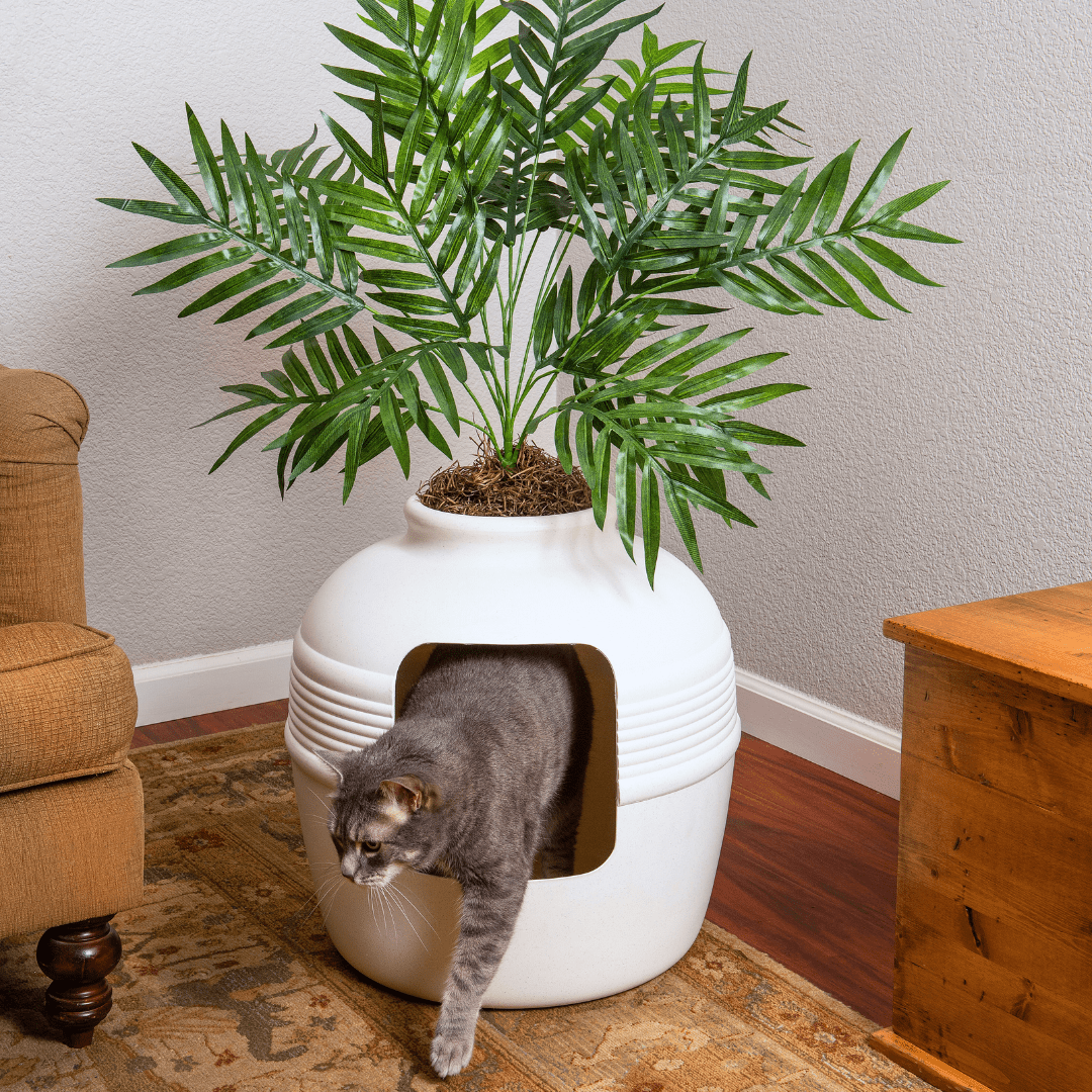 Good Pet Stuff Hidden Cat Litter Box Enclosure with Artificial Plant, Odor Filter System, Original Round Planter, Base Kit, White Birch
