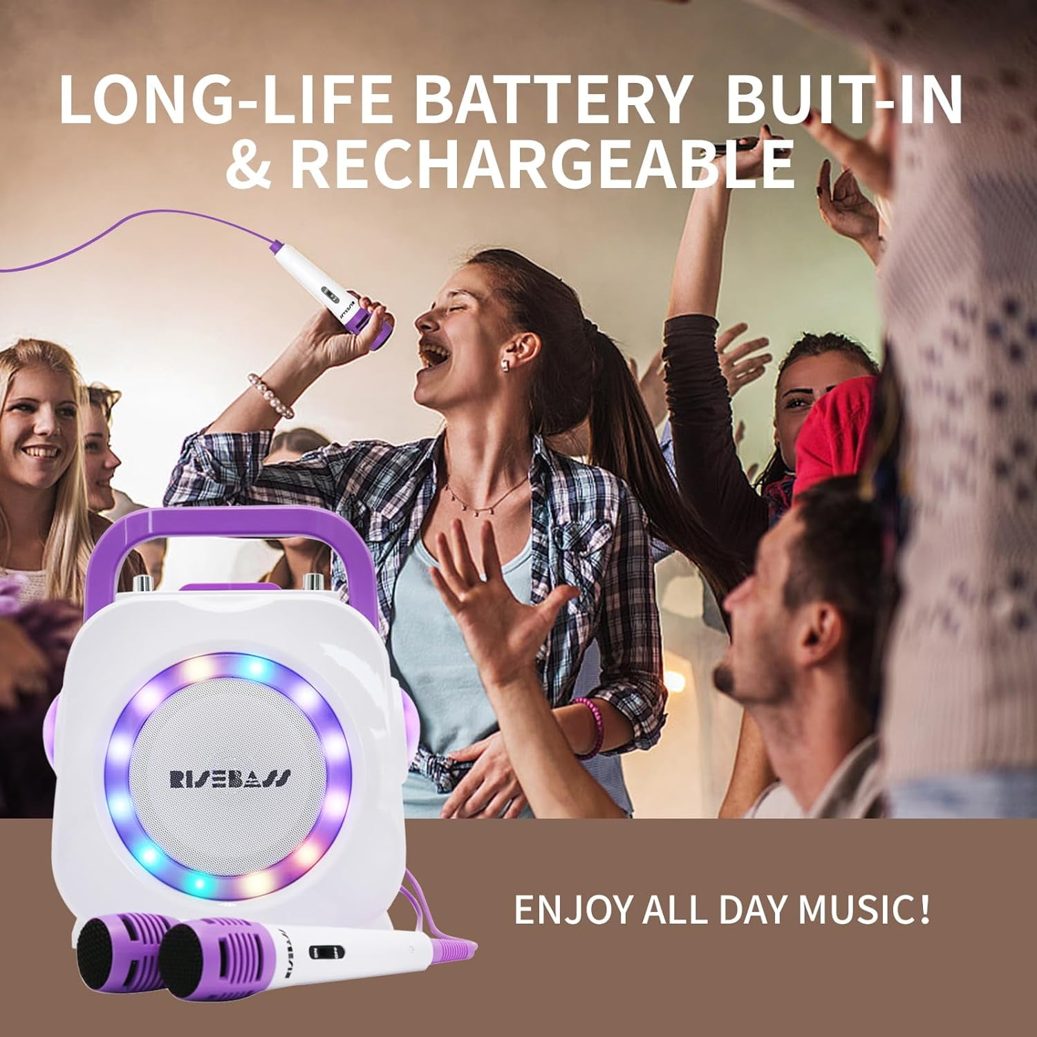 Rise Bass Unisex Karaoke Machine for Adults and Kids with Two Wireless Microphones