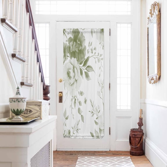 Sage Green Flower Door Curtains for Door Window, French Sidelight Front Back Door Curtains With Tieback, Watercolor Gradient Retro Floral Kitchen Rod Pocket Drapes Panel, 54"x72"
