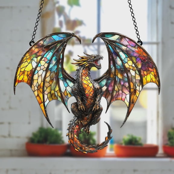 Majestic Dragon With Wings Acrylic Faux Stained Glass Suncatcher Window Hanging Fantasy Gothic Decor Gift