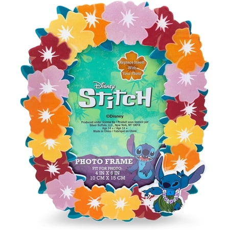 Silver Buffalo Disney Lilo and Stitch Hibiscus Hawaiian Lei Tropical Floral Photo Picture Frame, Pink Orange Red Yellow, 4 x 6 inches