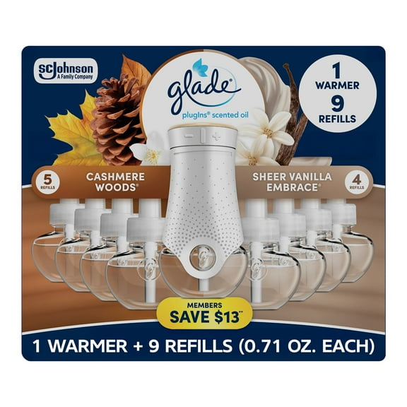 Glade PlugIns Scented Oil, Cashmere Woods with Sheer Vanilla Embrace, 1 Warmer + 9 Refills
