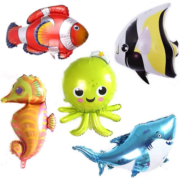 5 globos de aluminio con diseño de animales del océano, tiburón grande, pulpo, caballito de mar, peces tropicales, criaturas marinas, globos de Mylar, suministros de decoración para fiestas.