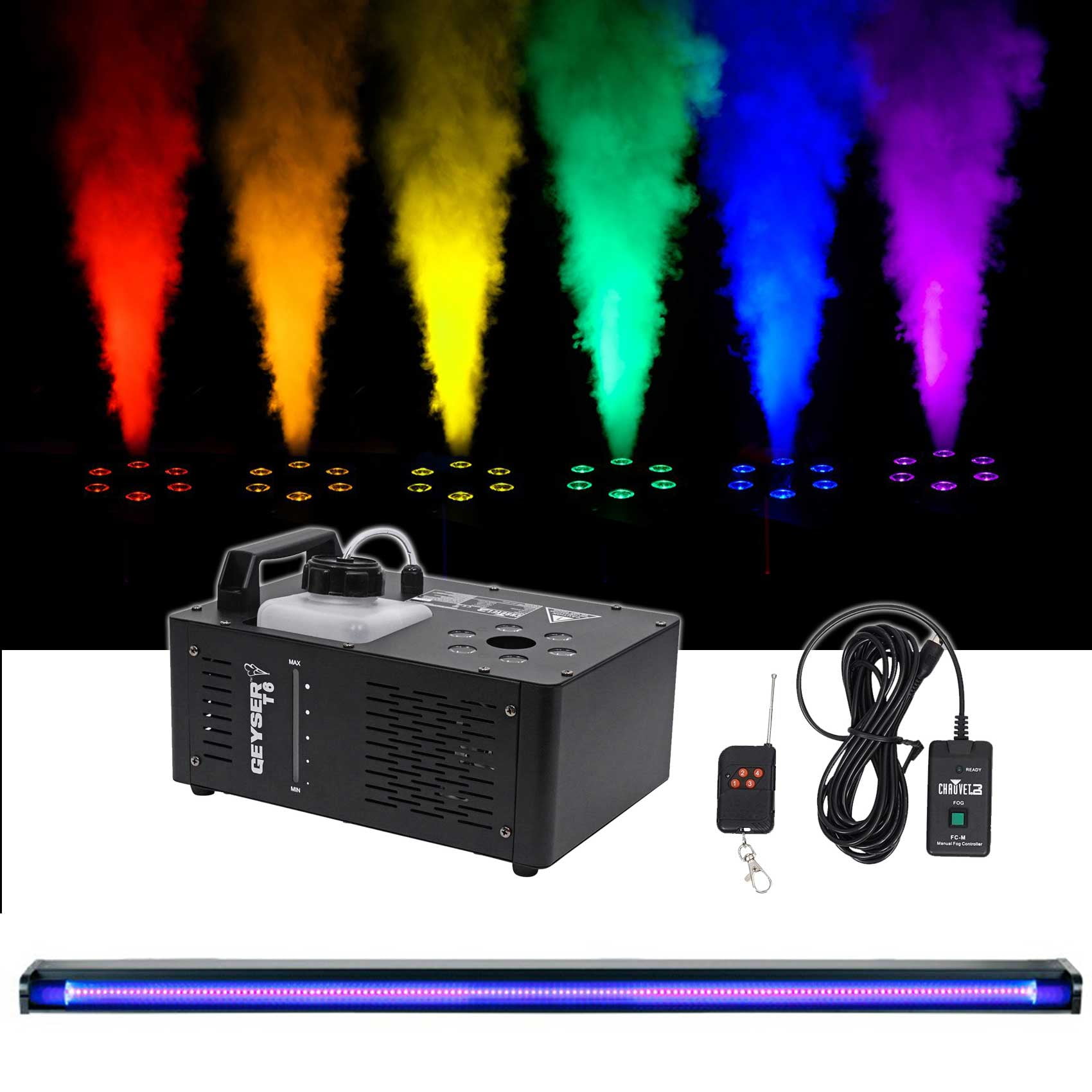 Chauvet DJ Geyser T6 Fog Machine Fogger, LED RGB+48" Black Light Strip