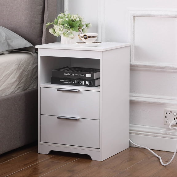 Spaco 22" Nightstand with Charging Station, Wooden End Table with 2 Drawers, Drawer and Opening Shelf, Side Table for Bedroom, White