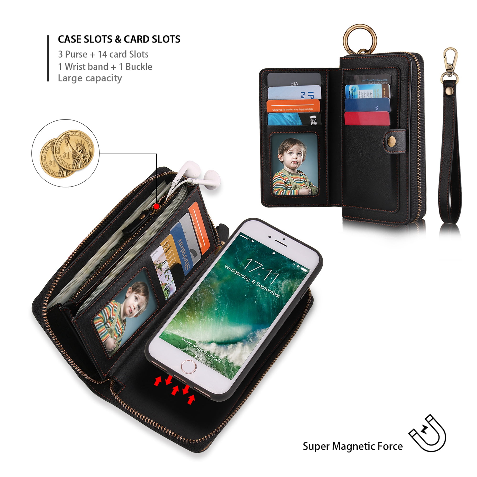 iPhone 8 Wallet Detachable Case, iPhone 7 Case, Dteck [wrist band & metal buckle & 14 Card Slots] Zipper Purse Phone Case Multi-function Folio Flip Weave PU Leather Removable Magnetic Back Cover,Black