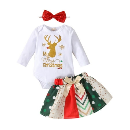 

IZhansean 3PCS Infant Newborn Baby Girls Christmas Letter Print Long-Sleeve Romper Splicing Short Skirt Gold Letters 6-12 Months
