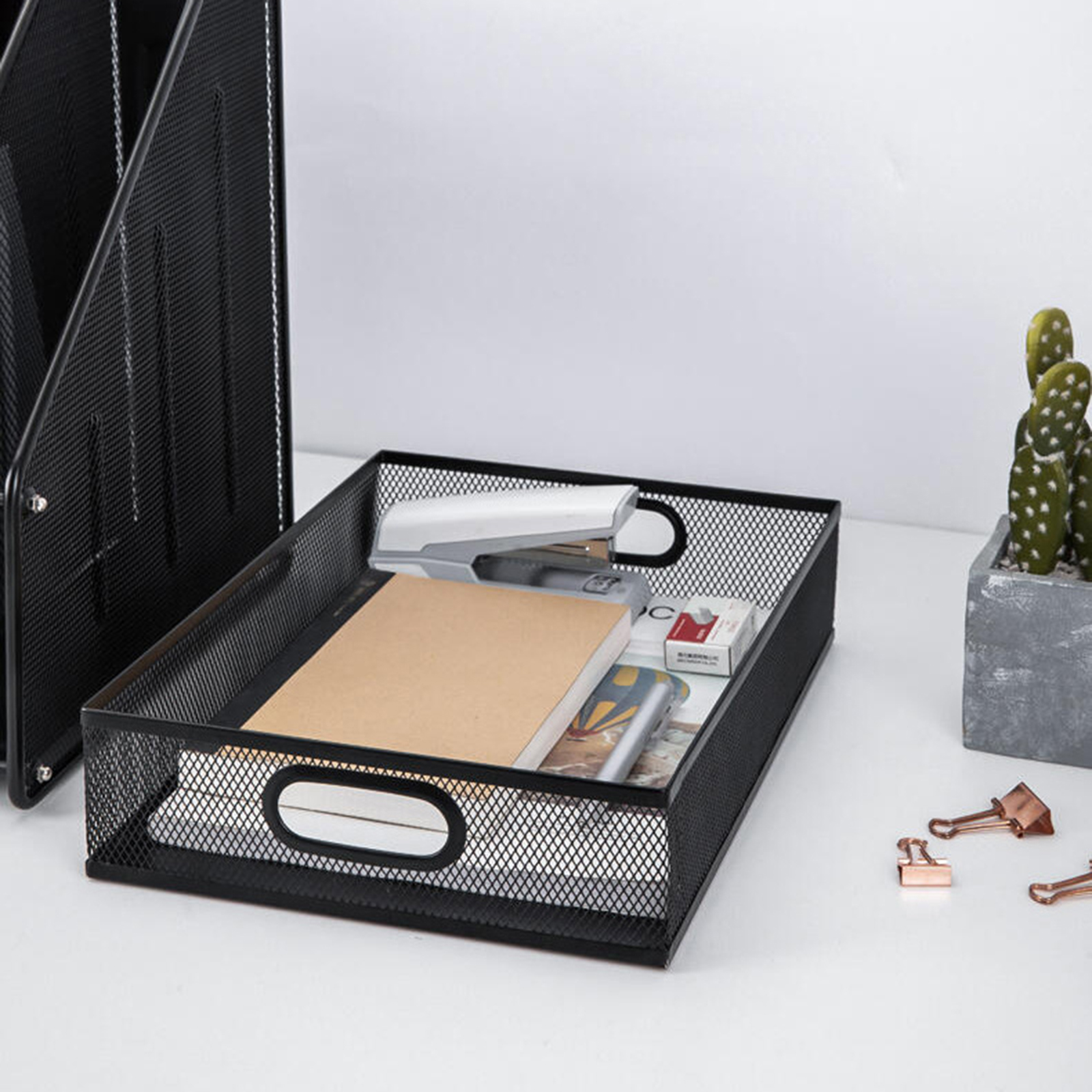 RUISINERY Desk Drawer Organizers Tray Metal Meshes Desktop Storage Tray Office File Organizers with Handle Portable Storage Basket