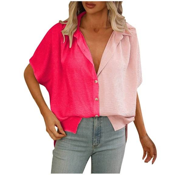JIUKE Oversized Shirts for Women Short Sleeve Collared Button down Blouses Color Block Dressy Tees Size XL