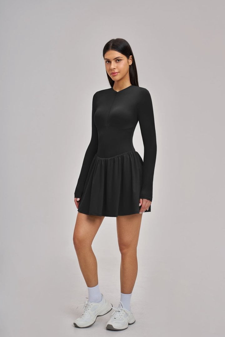 PISONIC Women Tennis Dress Long Sleeve Athletic Outfit with Built in Shorts Mini Golf Workout Dress with Pockets