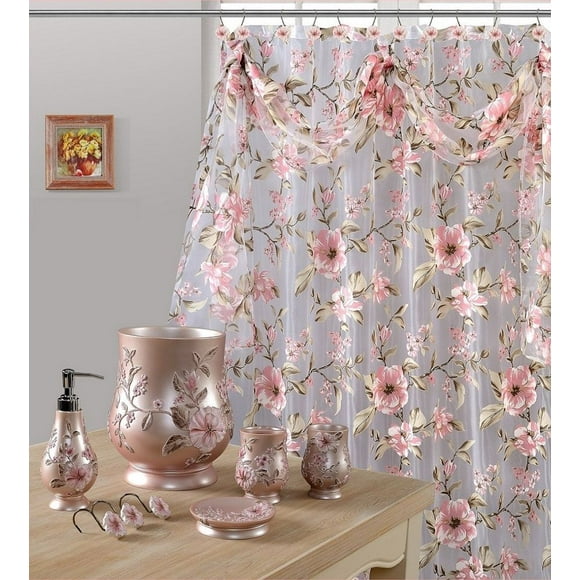 18 Piece Melrose Pink Shower Curtain and Resin Wastebasket and Accessory Set