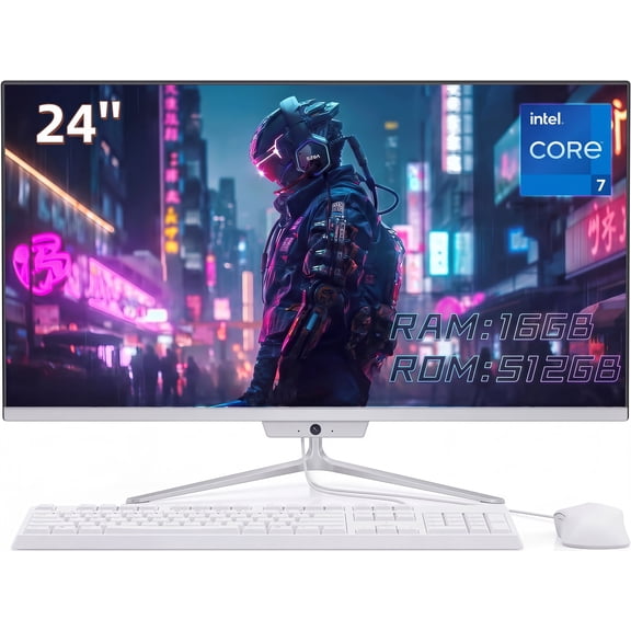 TOEMAAGIC All-in-One Desktop 24" FHD Display Intel Core i7 16GB RAM 512GB SSD Windows 10,Mouse,Keyboard ,White