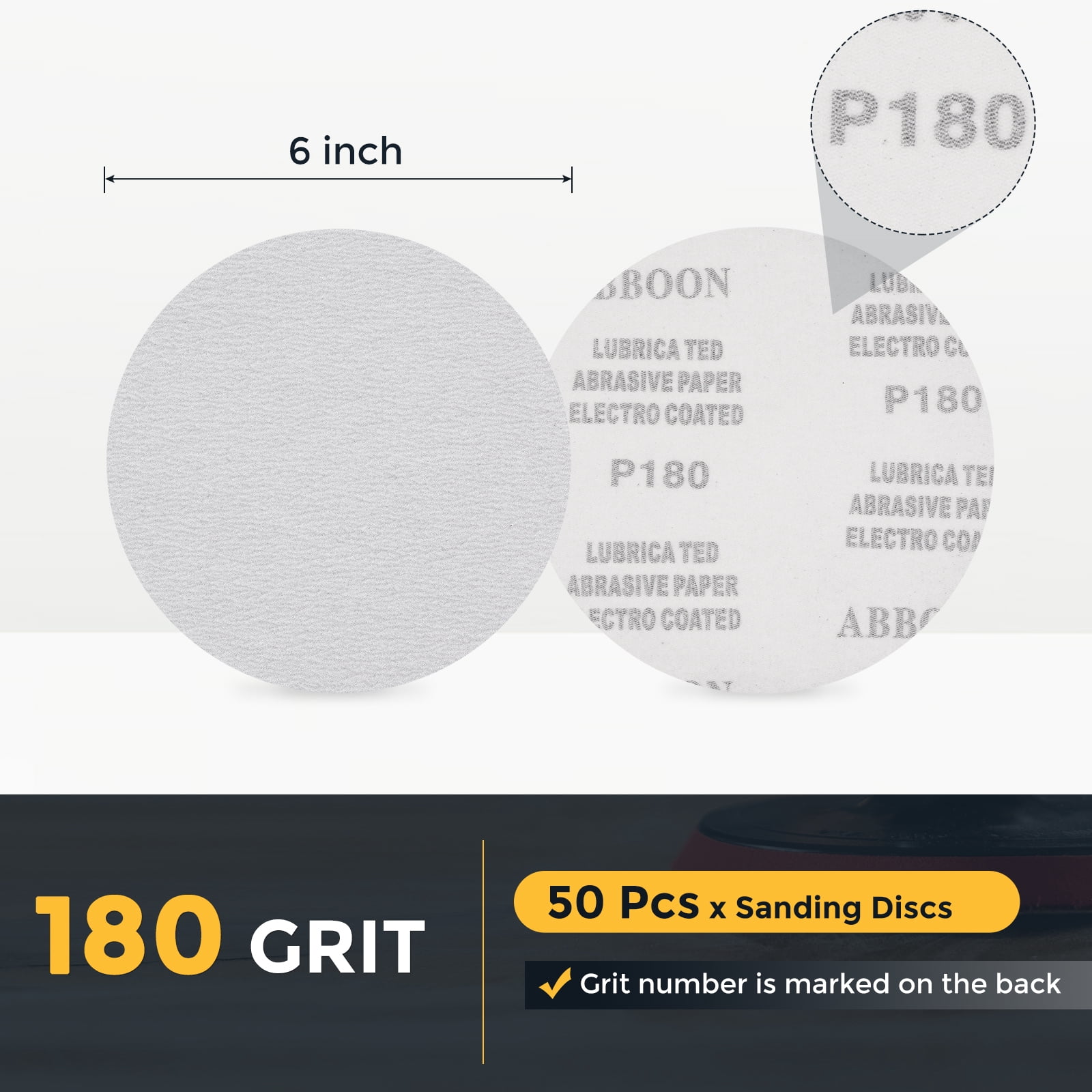 50 Pcs 6 Inch Sanding Disc 180 Grit Hook and Loop Sandpaper Random Orbital Sander Pads for Woodworking Automotive Metal Polishing, White