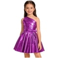 thumbnail image 3 of Raenseen Girls Shiny Party Dress With Belt One Shoulder A Line Summer Dress Patent Leather Look Modern Jazz Dance Outfits Purple 16, 3 of 7