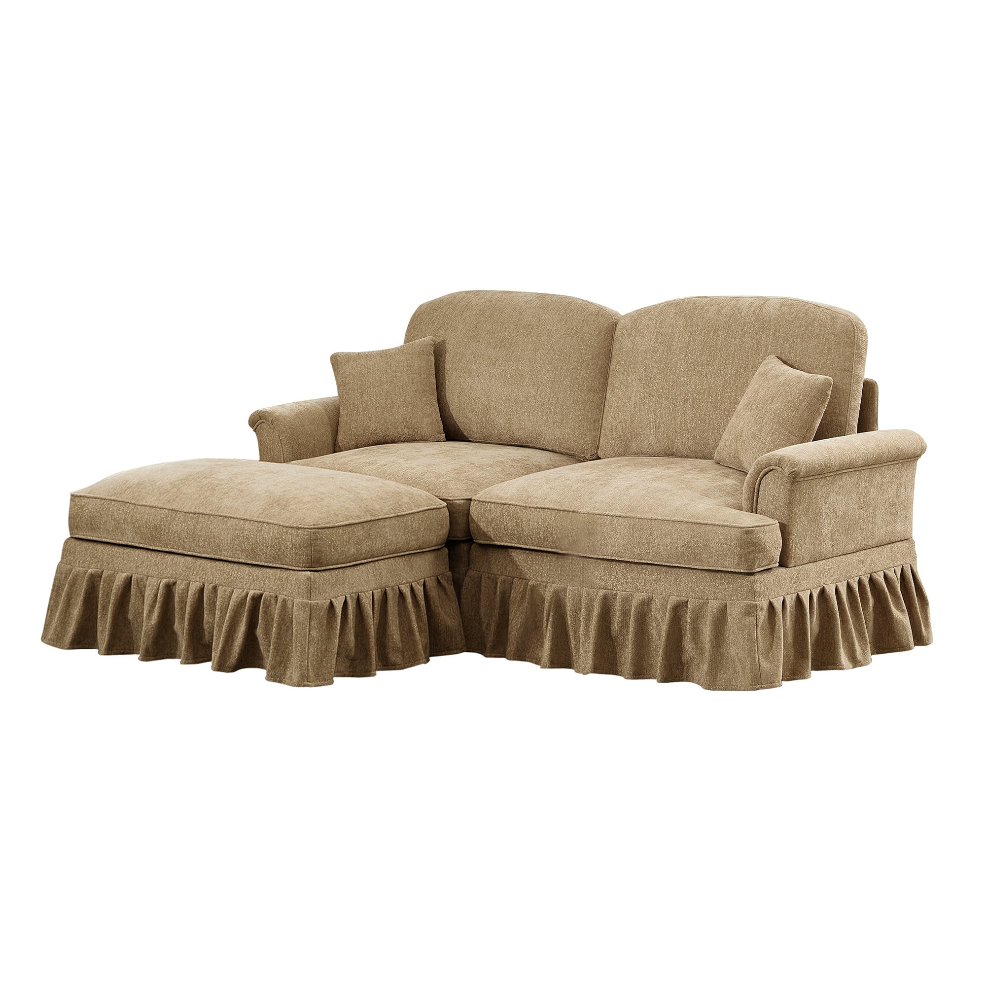 Newest Elegant Large Two Seater Modular L Shaped Sofa Couch, Flared Arms, Removable Ruffles Pleats Skirts, Spindle Legs,Comfy Chenille Loveseat Sofa, Movable Ottoman,Light Coffee