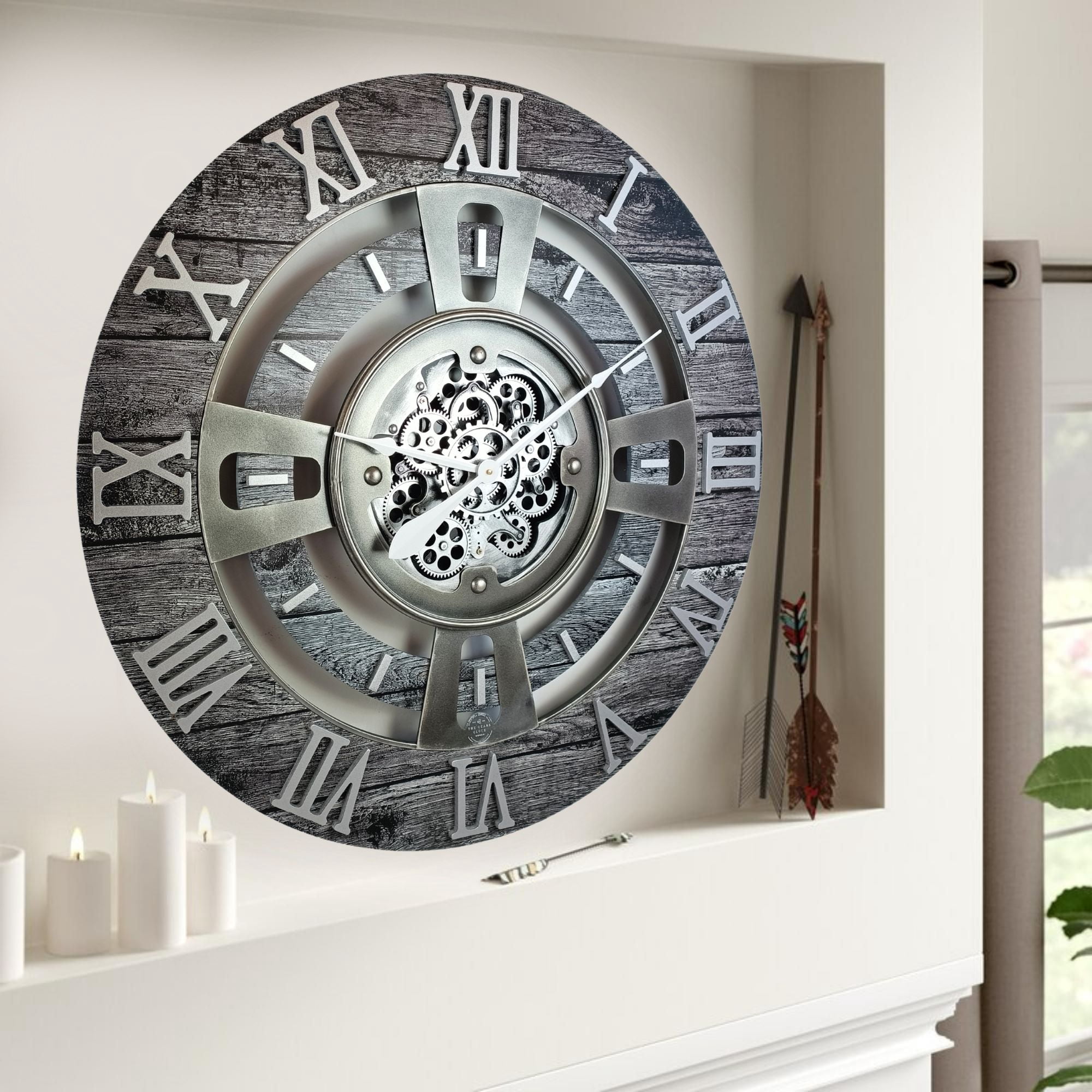 THE GEARS CLOCK Wall Clock with Real Moving Gears EN-LI_ 24 in Round Carbon-Grey