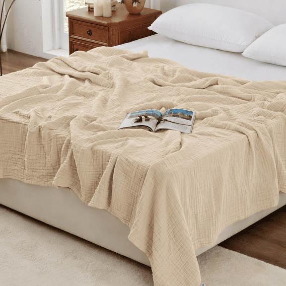 Beige Queen(90"x90") 6 Layer Cotton Muslin Lightweight Breathable All Season Bed Blanket