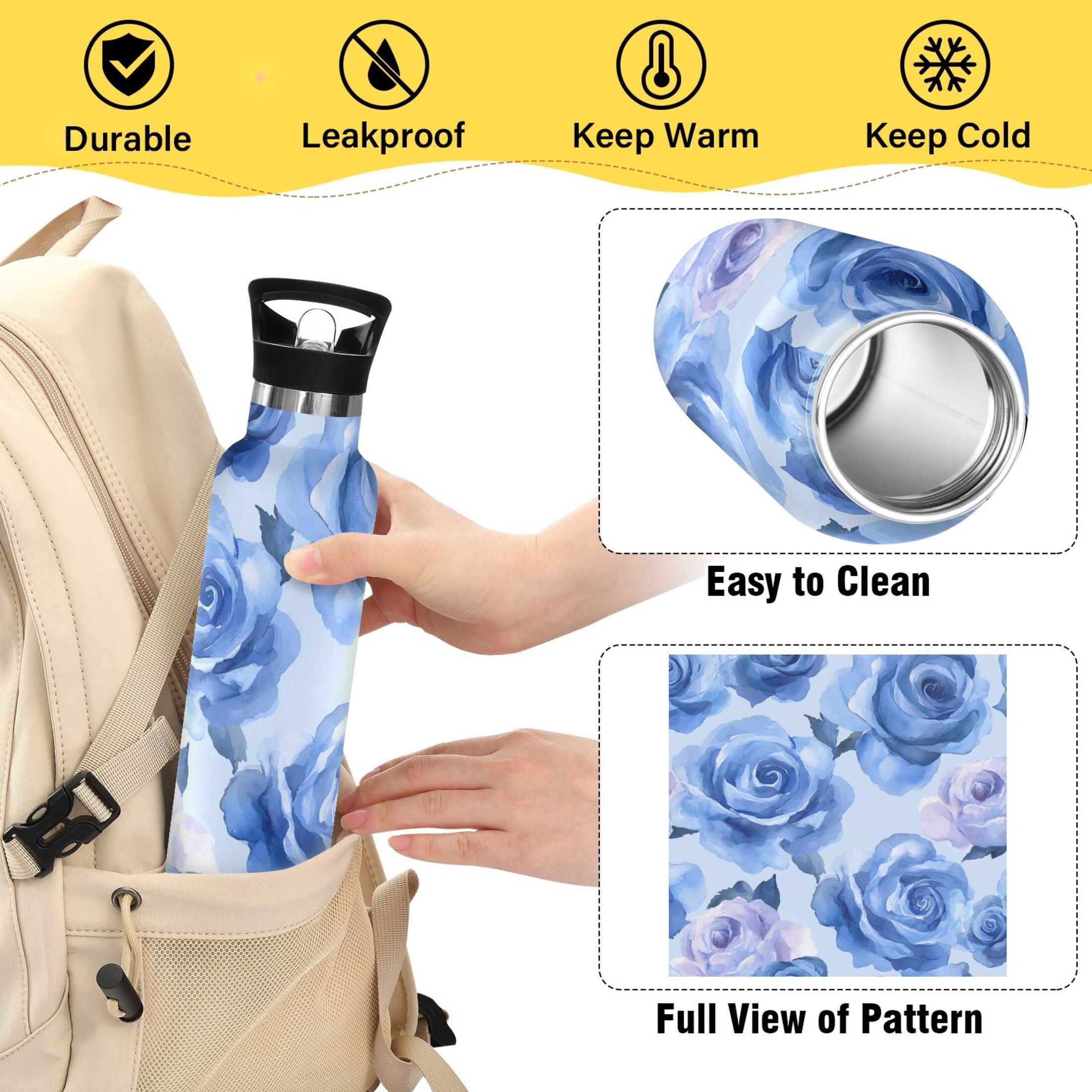 600ML Stainless Steel Insulated Cup Sports Water Bottle Portable Thermos Cup Water Glasses Insulated Tumblers Convenient and Durable Blue Roses Seamless