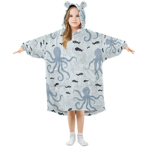 FORMRS Wearable Blanket Hoodie with Sleeves for Kids Cozy Flannel Sweatshirt, Blue Octopus Pattern