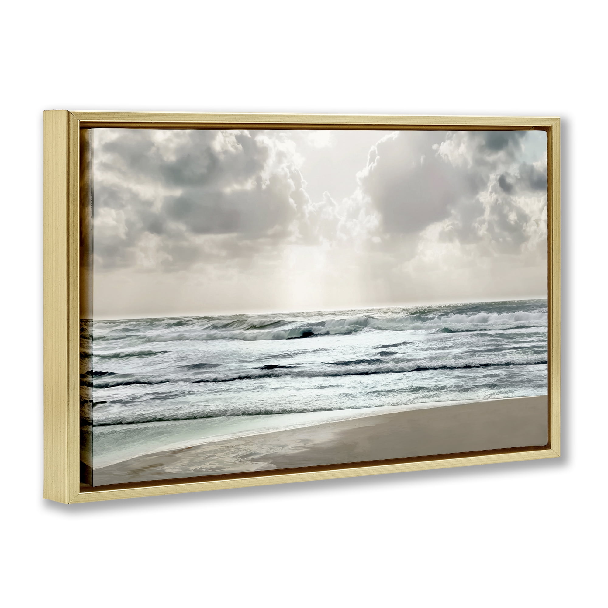 Stupell Industries Cloudy Sunlight Beach Landscape Photography Gold Floater Framed Canvas Art Print Wall Art, 31 x 21