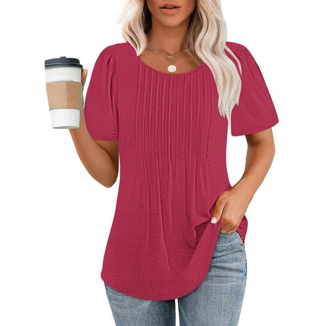 Économies d'Été Cagogo Chemise Habillée Décontractée pour Femmes Liquidation à Moins de 5 $ Hauts d'Été devant Plissé T-Shirt à Manches Courtes Col Rond Basique T-Shirts de Sortie Cadeaux de la Fête des Mères