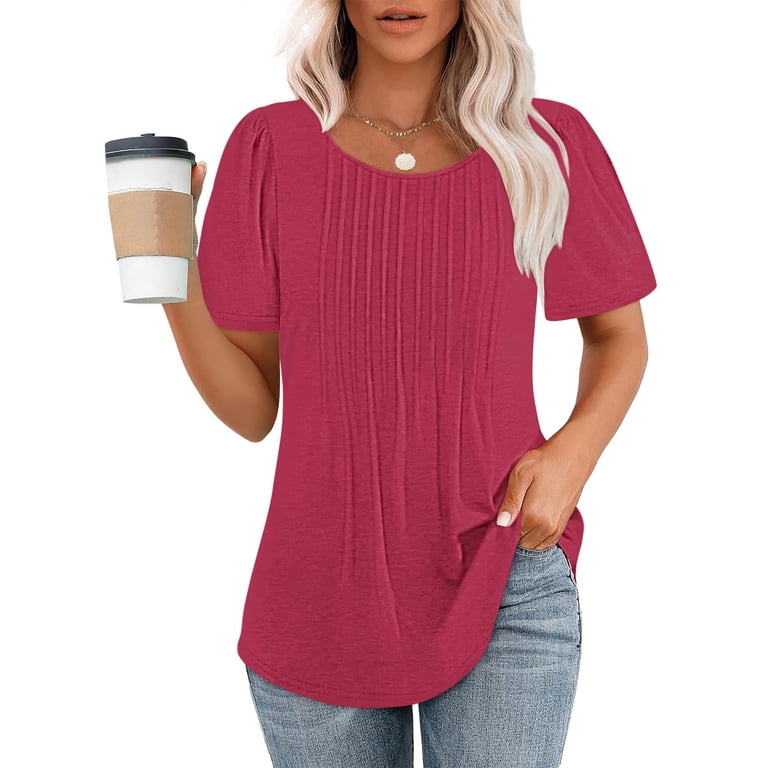 Women's Short Sleeve Scoop Neck Top – Pleated Front, Flowy Casual Blouse, Pink, XX-Large