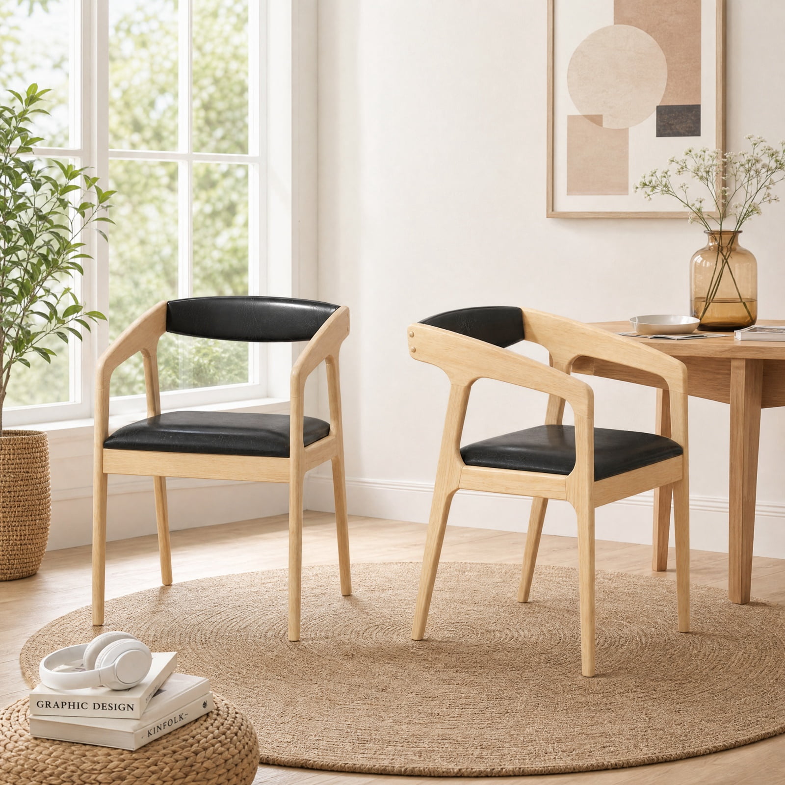 Furnibear Upholstered Armchairs Set of 2 with Cozy Backrest and Padded Seat Cushion for Kitchen Dining Room Living Room Home, Natural