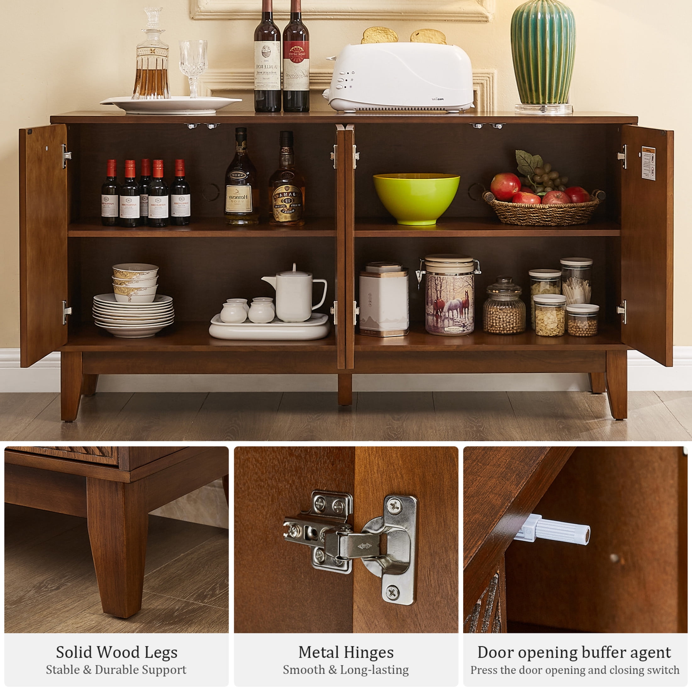 Noble House Nelly 56" Mid Century Modern TV Stand, Carved Geometric 4-Door Media Console Sideboard, Walnut