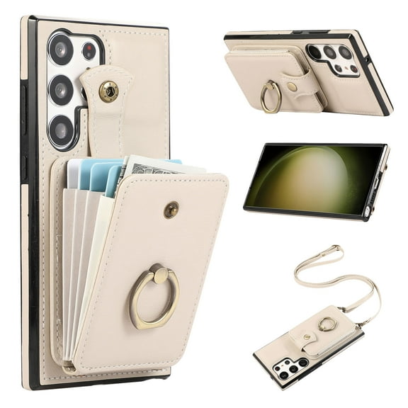 Phone Case for Samsung Galaxy S25 Ultra Wallet Cell Cover with Crossbody Strap, Ring Stand RFID Blocking Credit Card Holder Shockproof Drop Protective Case for Galaxy S25 Ultra Women Girls, Beige