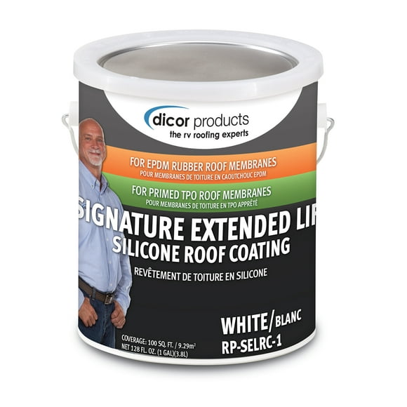 Dicor Corp. Roof Coating RP-SELRC-1 Signature Extended Life RV Roof Coating; Use To Protect Roof Membranes; For Rubber RV Roof; Covers 125 Square Feet Per Gallon; White; 1 Gallon Can; Single