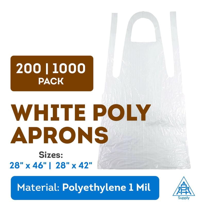 White Disposable Poly Aprons, 1 Mil Low Density PE, 1000 Count, 28 x 46 in