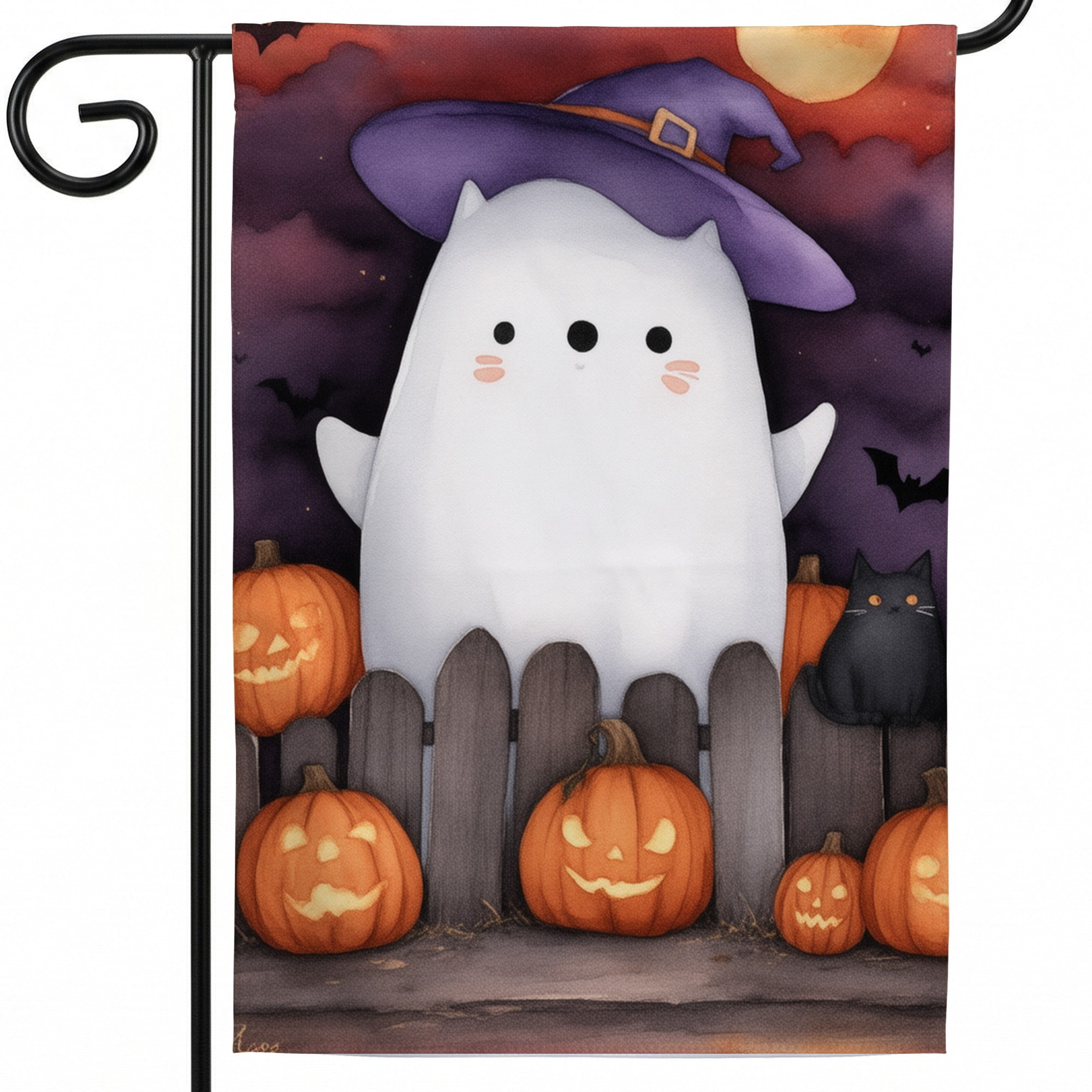 Halloween house flag large flags for outside A painting of a ghost and a black cat in front of a fence. . front porch halloween halloween outdoor decorations cute