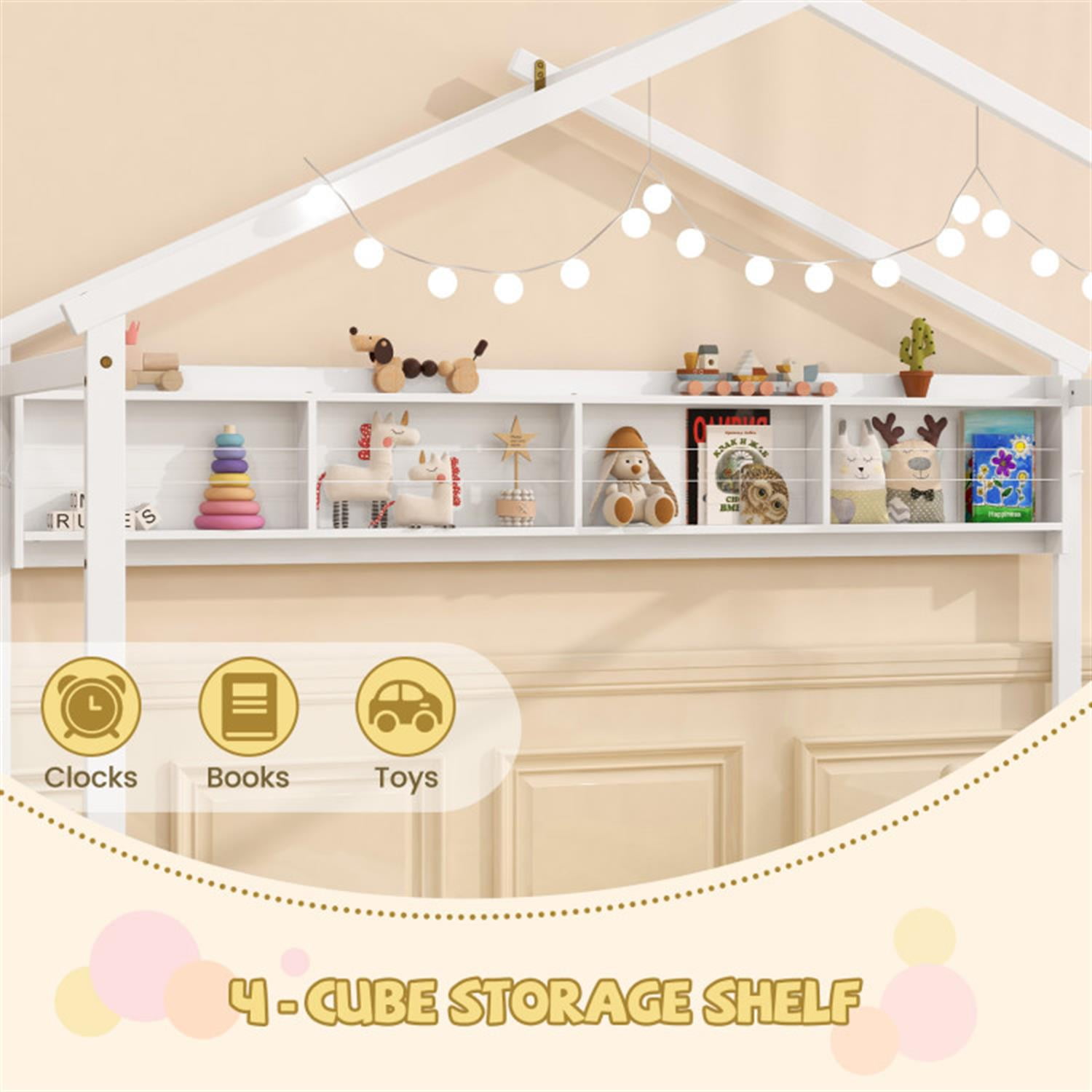 Demi Bonn Twin Size House Bed Frame with Storage Shelf and Headboard, Wooden Floor Bed Frame with Fence and Roof for Bedroom, White