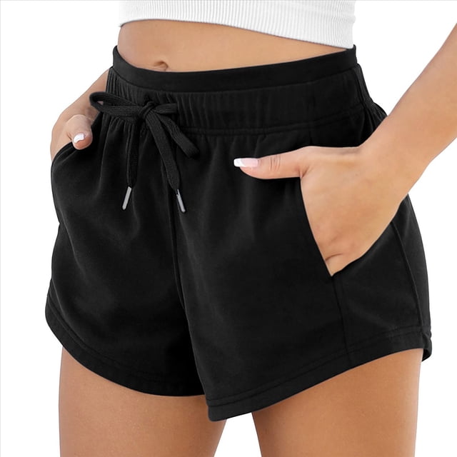 Pantalones Cortos Deportivos para Mujer con Bolsillos, de Algodón Francés, con Cordón Ajustable, para Hacer Ejercicio en Verano, Informales y Cómodos. Negro S