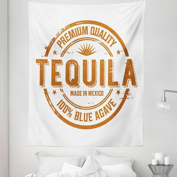 Tequila Tapestry, Retro Grunge Rubber Stamp Like Monochromatic Design Mexican Traditional Drink, Fabric Wall Hanging Decor for Bedroom Living Room Dorm, 5 Sizes, Ginger and White, by Ambesonne