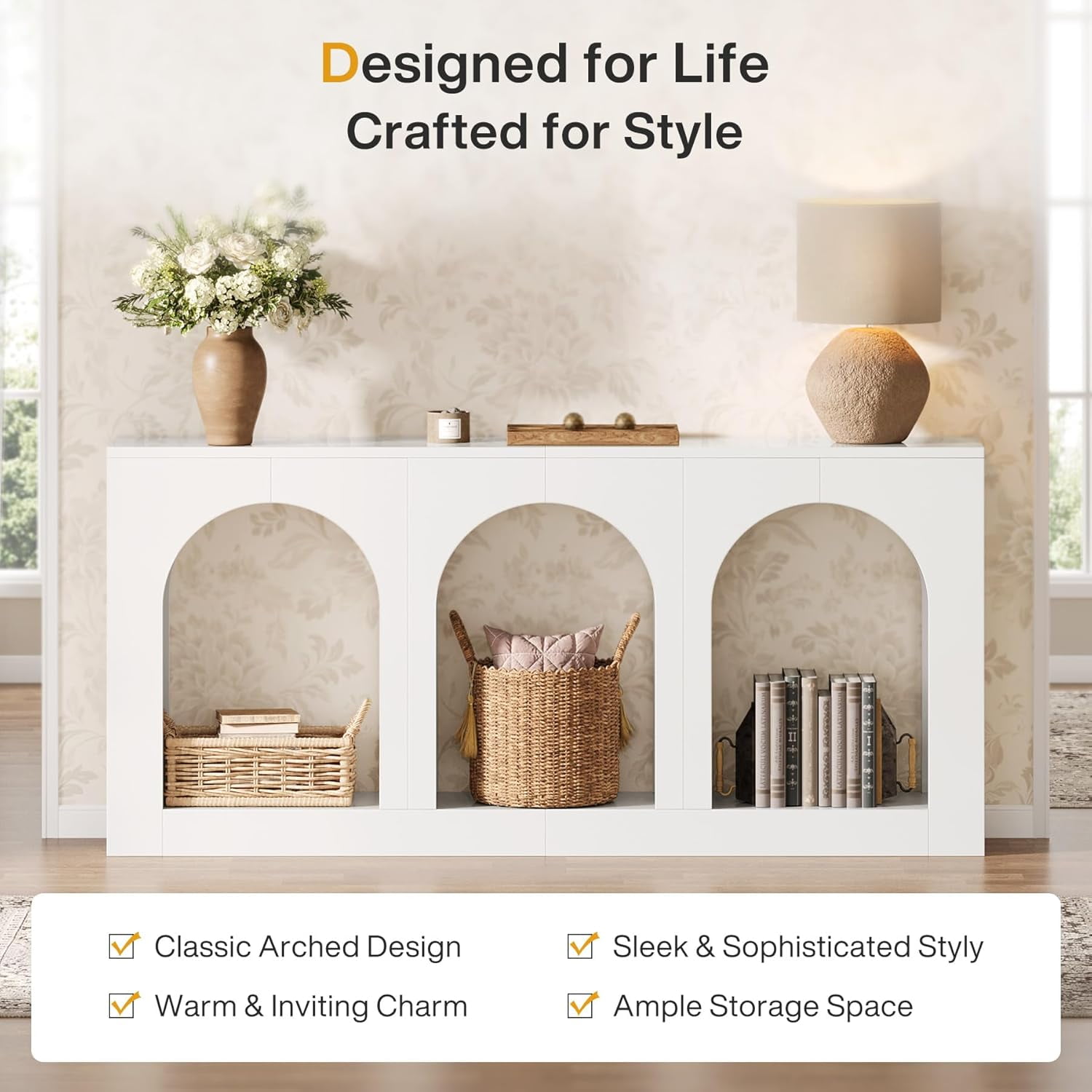 Tribesigns 70.9" White Console Entryway Table: Inviting Design with Three Arched Shelves, Offering Spacious Storage for Foyer, Living Room, Behind Sofa