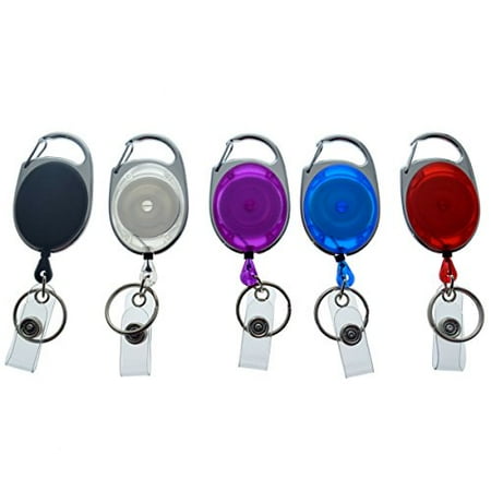 Id Badge Software - 5 Pack Specialist ID Premium Retractable Carabiner Badge Reels with Key Ring and Badge Strap (Assorted Colors)