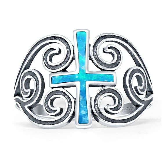 Cross Heart Swirl Oxidized Ring Lab Created Blue Opal 925 Sterling Silver Size 5