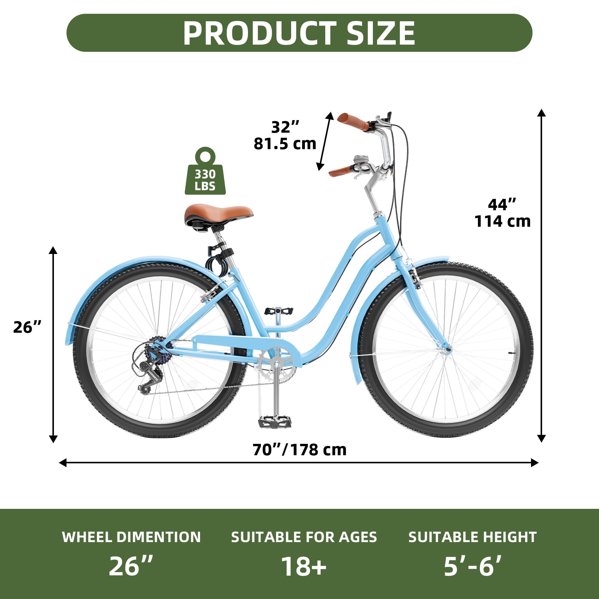 Uforic 26 Inch Beach Cruiser Bike, 7-Speed, Step-Through Bicycle for Men & Women, Steel Frame, Light Blue