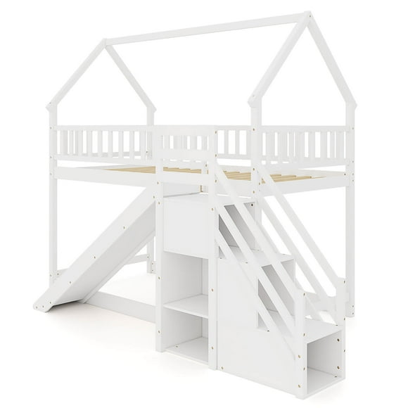 Costway Twin Over Twin Bunk Bed with Slide & Staircase with Storage Compartments White
