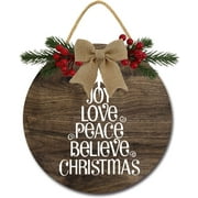 Eveokoki 12" Joy Love Peace Believe Christmas Decoration Wooden Christmas Wreaths for Front Door Christmas Decor for Home Wall Farmhouse Holiday Outdoor Indoor