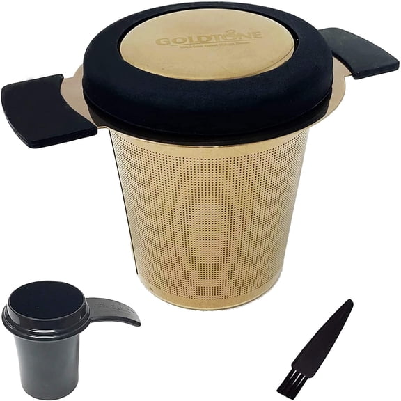 GoldTone Stainless Steel Tea Filter, Tea Infuser Strainer with Silicone Handle and Silicone Drip Tray Lid, Tea or Coffee Filter, Includes 1 OZ Scoop And Micro Cleaning Brush (Gold)
