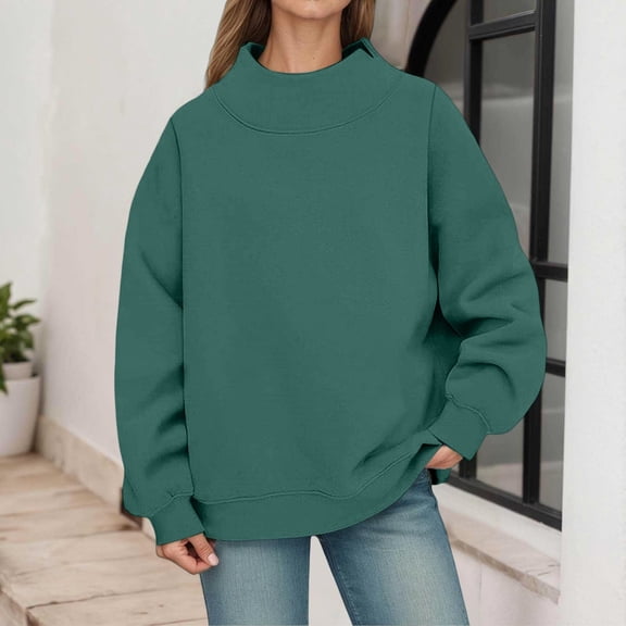 Mock Neck Sweatshirt for Women Slouchy Preppy Sweat Shirt Womens Clothes Trendy Turtleneck Long Sleeve Lounge Daily Outfit Fall Fashion Must Haves Workout Tops Stretchy Clothes Cute Blackish Green