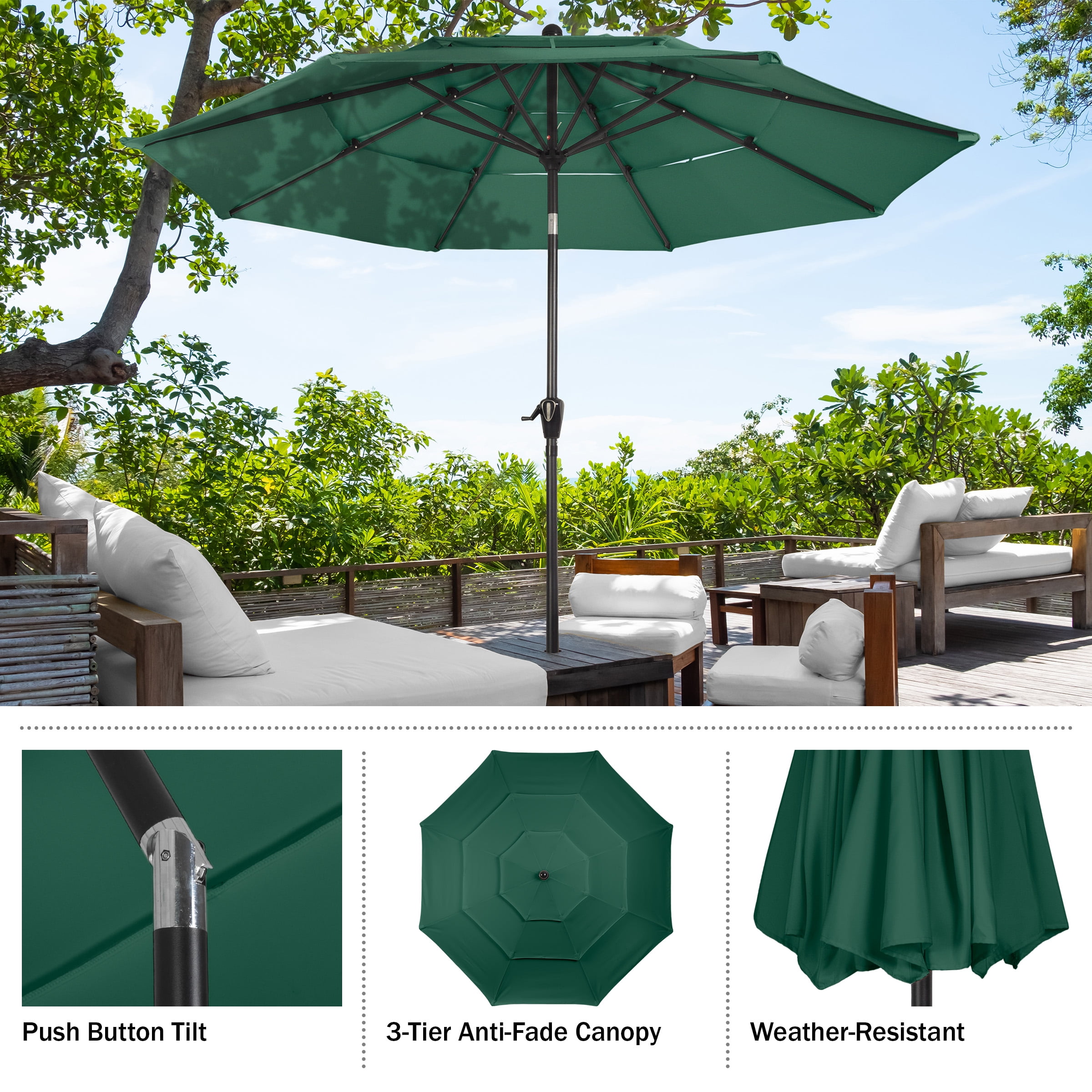 Pure Garden 10 ft Patio Umbrella - 3-Tier Outdoor Sunshade, Hunter Green