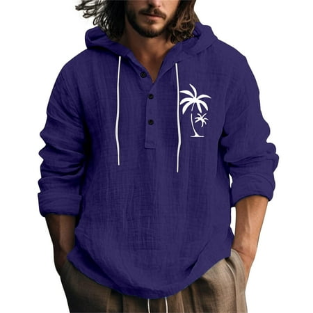 Men s Shirts Hooded Long Sleeve Drawstring Button Down Casual Summer Beach with Hood Shirt Top XL