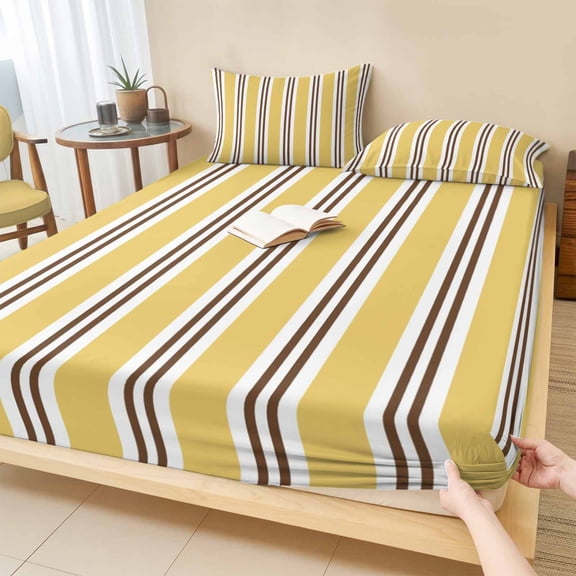 King Size Fitted Sheet Set - Yellow Brown Striped 3 Piece Bedding Sets 16" Deep Pocket Fitted Sheet with 2 Pillowcases, Modern Farmhouse Vertical Stripes Brushed Microfiber Hotel Luxury Bed Sheets