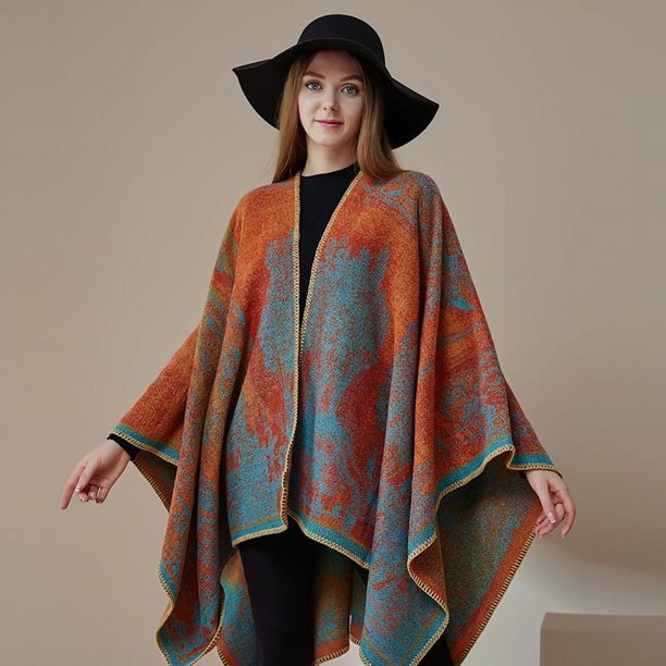 Nvzi Poncho abierto al frente, capa, suéter de gran tamaño, cárdigan informal, chales para otoño e invierno, naranja y azul A