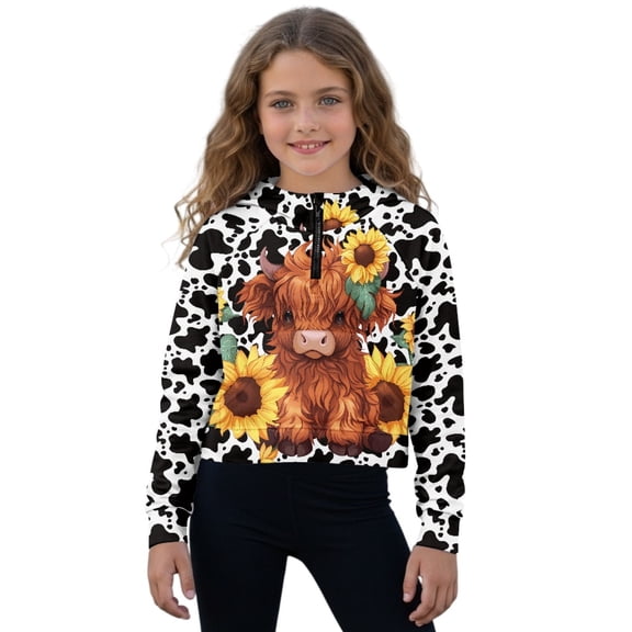 Xixirimido Highland Cow Sunflower Cowhide Pattern Half Zip Sweatshirt for Girls Long Sleeve Pullover Crop Tops with Pocket Kids Hoodie Fall Winter Clothes Size 13-14