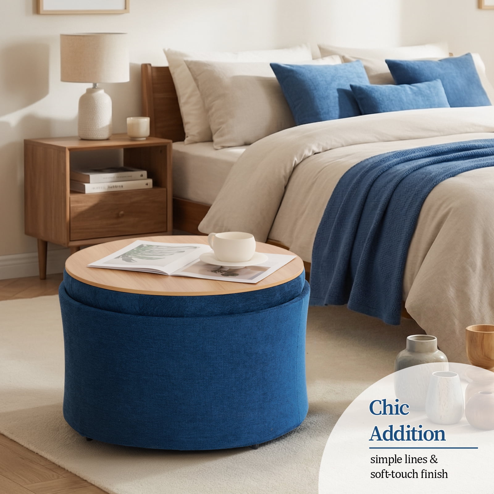 Dovov Round Ottoman with Storage and Reversible Tray, 25" Upholstered Footrest Coffee Table Button Tufted Storage Ottoman Foot Stool, Blue