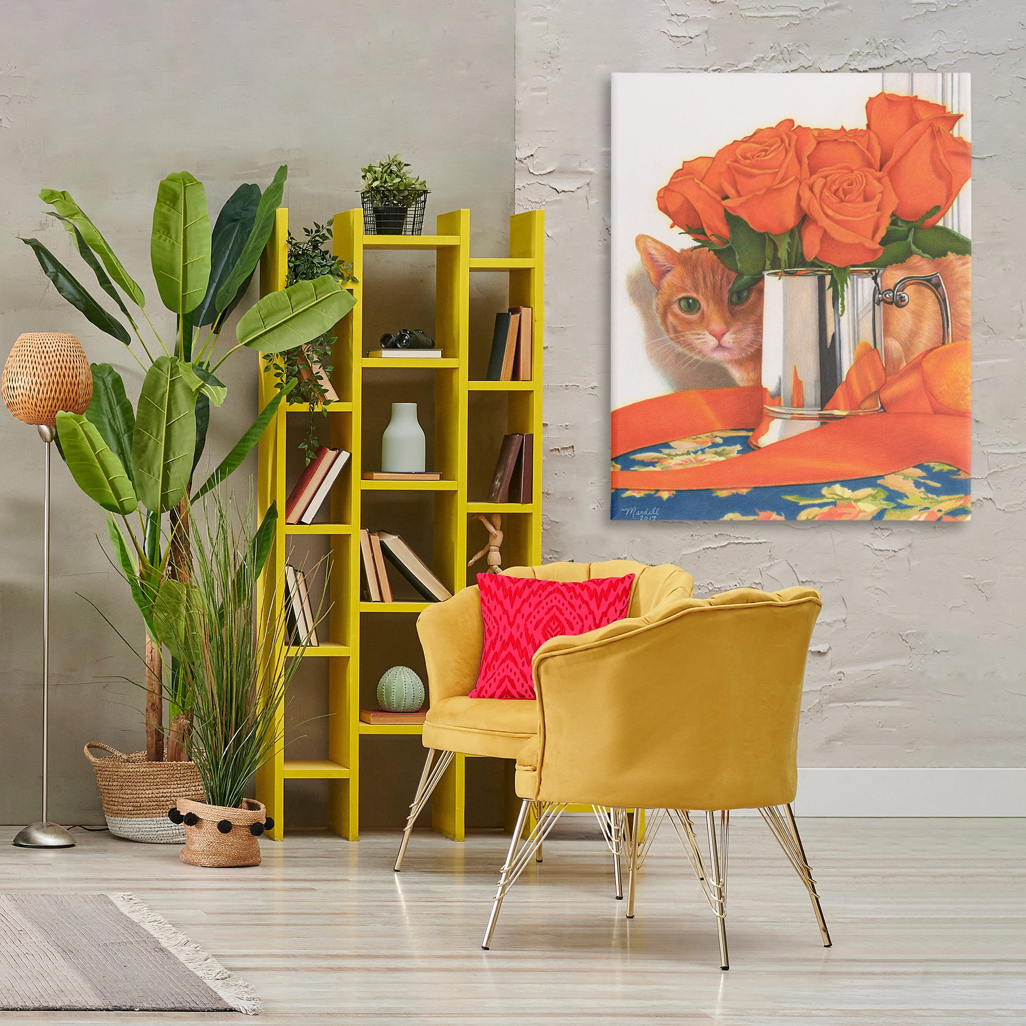 Stupell Industries Cat Peeking Rose Bouquet Animals & Insects Painting Gallery Wrapped Canvas Art Print Wall Art, 36 x 48